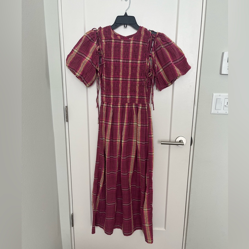 NWT Damson Madder Becca Plaid Puff-Sleeve Midi Dress - Picture 3 of 4